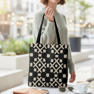Bolsa Tote Padrão Geométrico Decorativo de Preto e Beige