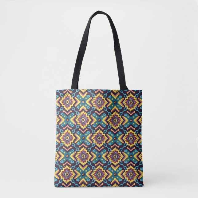 Bolsa Tote Padrão Geométrico Floral Vibrante Aztec (Frente)