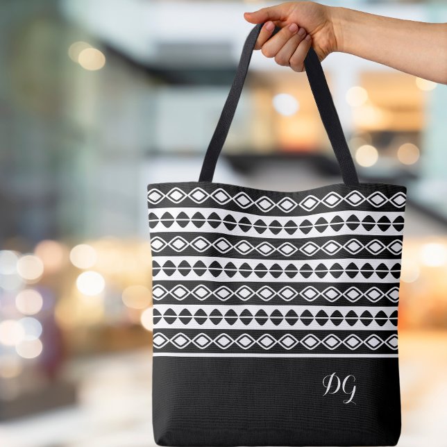 Bolsa Tote Padrão Geométrico Preto Ousado Ornamental Personal (Stylish Custom Monogrammed Initials Ornamental Bold Black & White  Pattern Geometric Canvas Tote Bag)