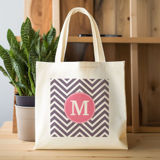 Bolsa Tote Padrão Girly Chevron com Monograma - Púrpura Rosa