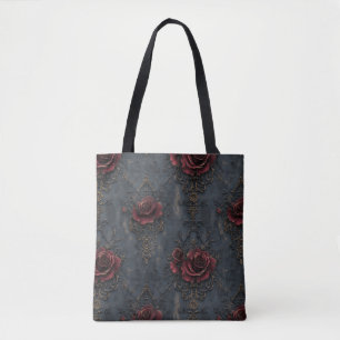Bolsa Tote Padrão Gótico Vintage Elegante com Rosas Vermelhas