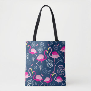 Bolsa Tote Padrão gráfico de flamingos cor-de-rosa em azul