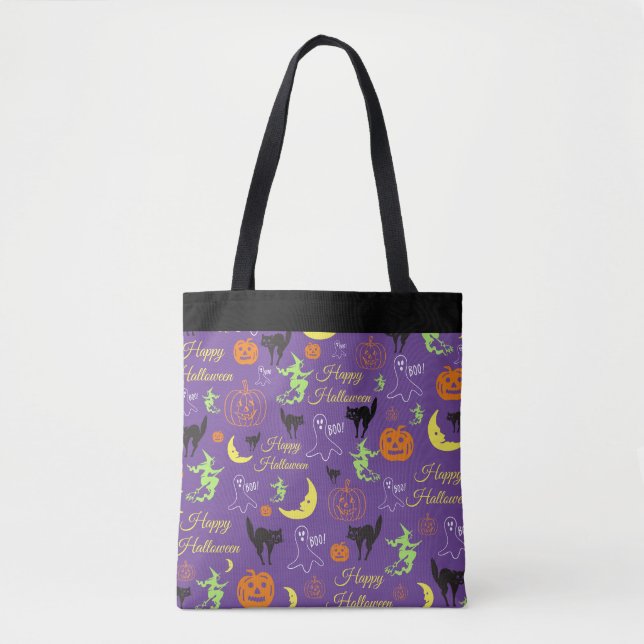 Bolsa Tote Padrão Halloween Truque Ou Tratar Preto Roxo (Frente)