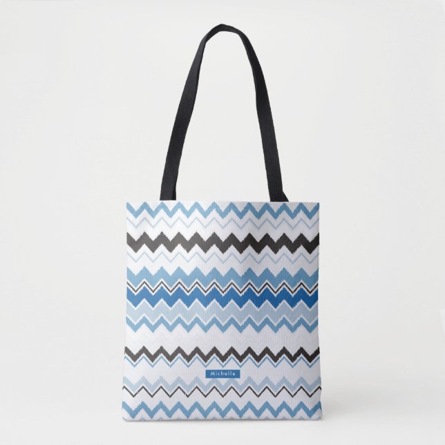 Bolsa Tote Padrão Ikat Chevron Azul Personalizado Bridesmaid (Frente)