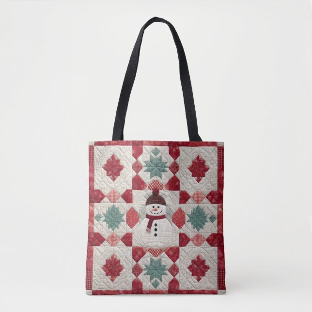 Bolsa Tote Padrão Inclinado Snowman Vermelho Verde (Frente)