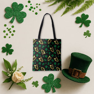 Bolsa Tote Padrão Irlandês Harp e Shamrock Preto