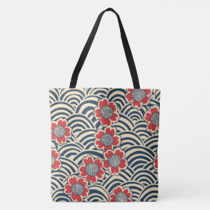 Bolsa Tote Padrão Japonês Creme Onda Marinha Sakura Vermelha