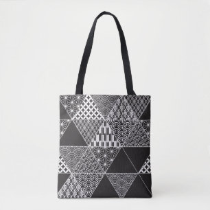Bolsa Tote Padrão Japonês de Triângulo de Colagem Preta e