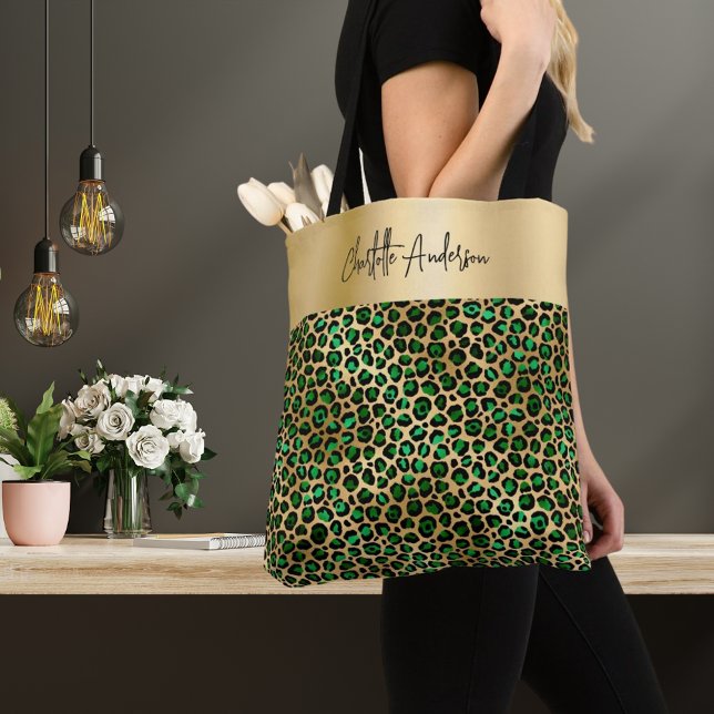 Bolsa Tote Padrão leopardo - assinatura esmeralda de ouro ver (Criador carregado)