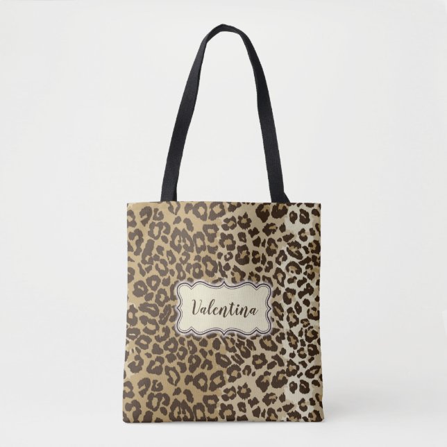 Bolsa Tote Padrão Leopardo Clássico com Nome Personalizado (Frente)