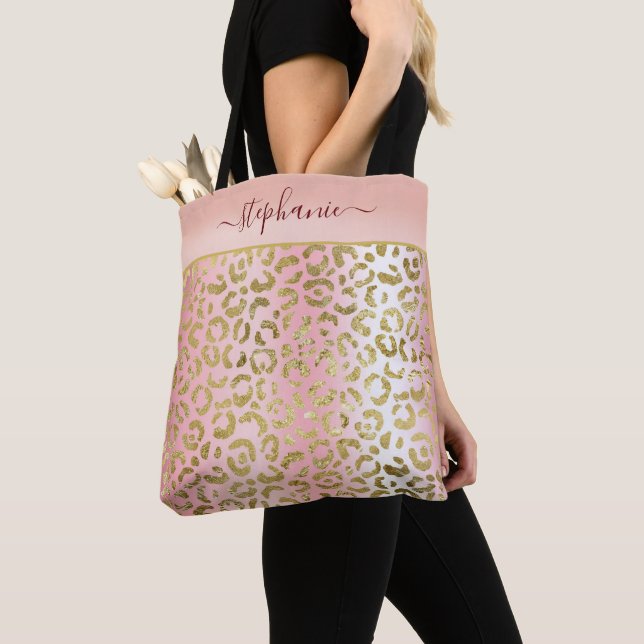 Bolsa Tote Padrão-Leopardo Dourado do Ombre Rosa Glam Persona (Close Up)
