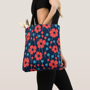 Bolsa Tote Padrão marinho Azul Vermelho Poppy Impressão Flora