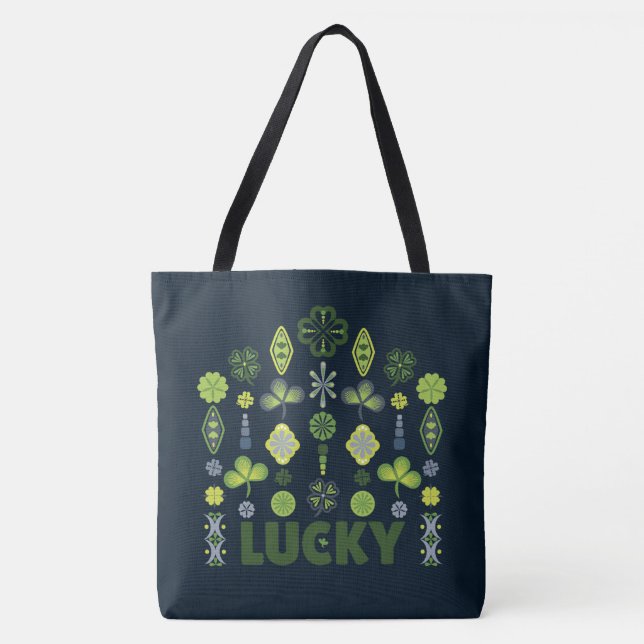 Bolsa Tote Padrão Mínimo Escuro do Shamrock Lucky Azul (Frente)