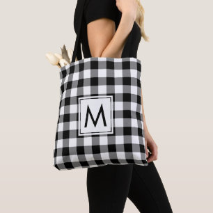 Bolsa Tote Padrão Moderno de Gingham Preto e Branco