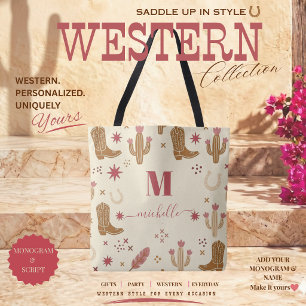Bolsa Tote Padrão Monograma de Letra Desenhada à Mão Country