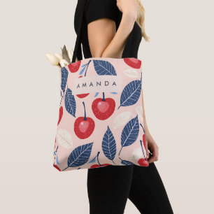 Bolsa Tote Padrão Monograma Personalizado de Cereja e Folha