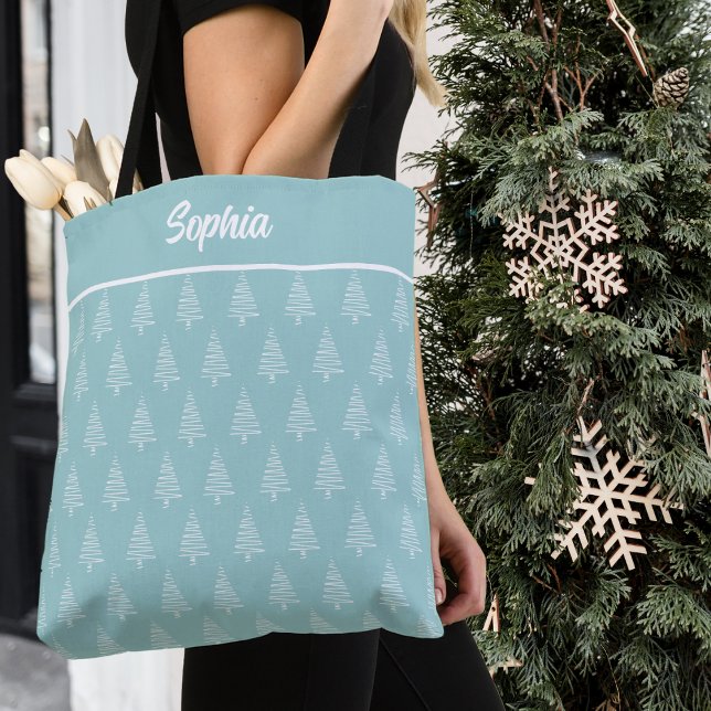 Bolsa Tote Padrão na moda Azul E Árvore De Natal Branco (Stylish Blue And White Christmas Tree Pattern Tote Bag)
