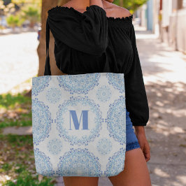 Bolsa Tote Padrão Na moda de Monograma Azul Personalizado