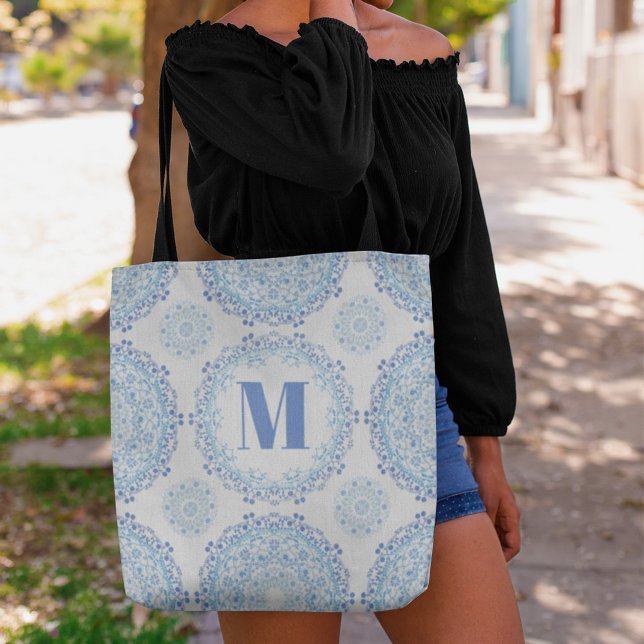Bolsa Tote Padrão Na moda de Monograma Azul Personalizado (Criador carregado)
