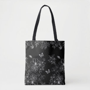 Bolsa Tote Padrão natural floral preto e branco minimalista