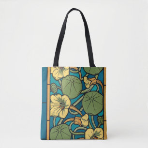 Bolsa Tote Padrão Nouveau da Flor Nasturtium Amarelo Azul
