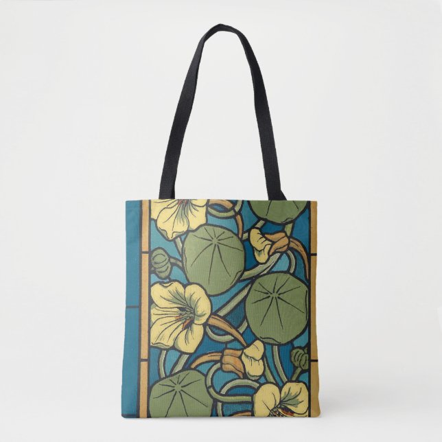 Bolsa Tote Padrão Nouveau da Flor Nasturtium Amarelo Azul (Frente)