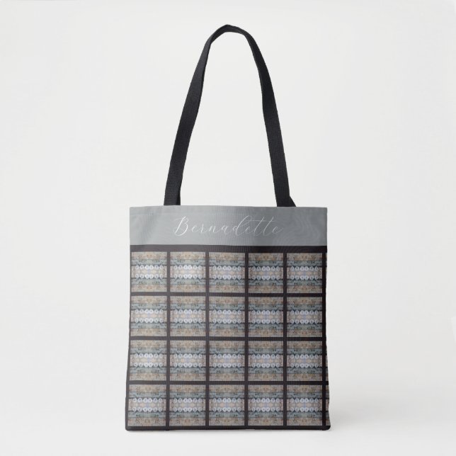 Bolsa Tote Padrão Original Cinza Azul Tan com Nome (Frente)