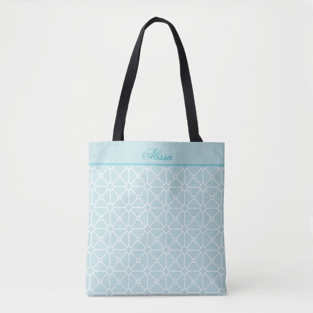 Bolsa Tote Padrão Personalizado Branco e Teal (Frente)