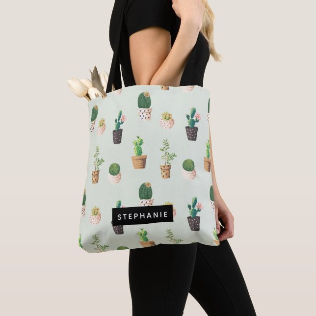 Bolsa Tote Padrão Personalizado de Cactus Suculento em Vaso (Close Up)