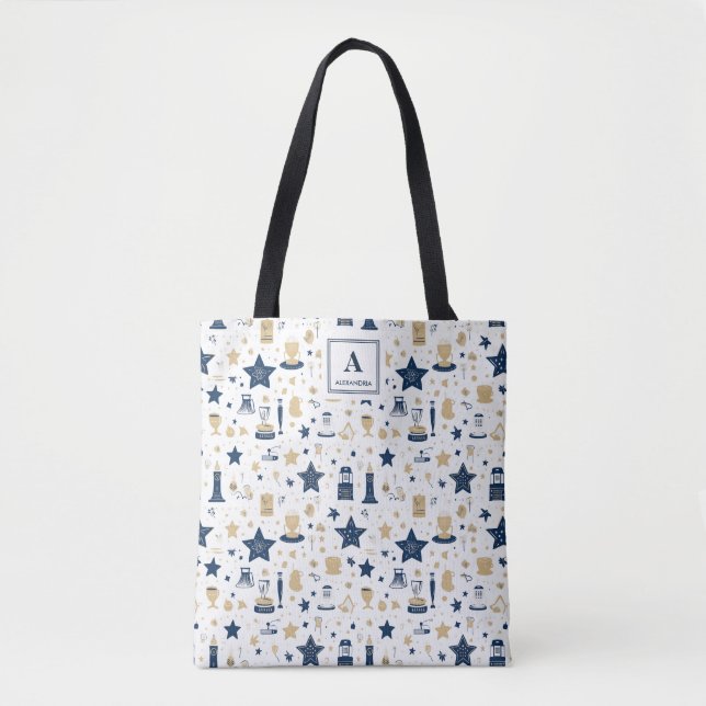 Bolsa Tote Padrão Personalizado de Estrelas Azuis e Douradas  (Frente)
