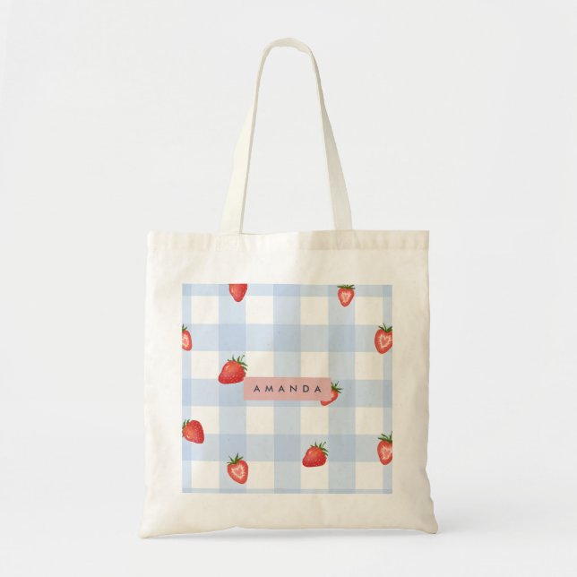 Bolsa Tote Padrão Personalizado de Morango e Gingham Azul (Frente)