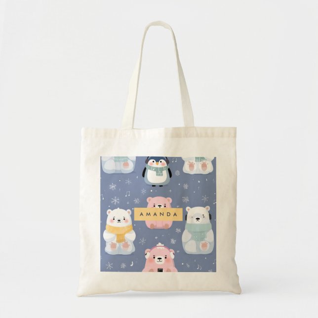 Bolsa Tote Padrão Personalizado De Urso E Pinguim De Inverno (Frente)