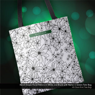 Bolsa Tote Padrão Preto Branco Floral Desenhado à Mão e Nome 