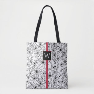 Bolsa Tote Padrão preto branco florido desenhado à mão e mono