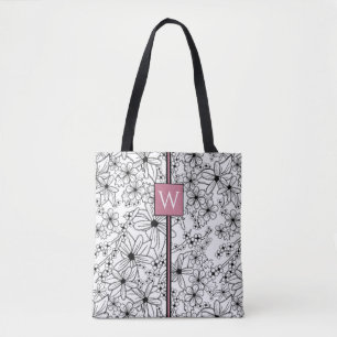 Bolsa Tote Padrão preto branco florido desenhado à mão e mono