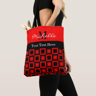 Bolsa Tote Padrão preto clássico e quadrado vermelho monogr