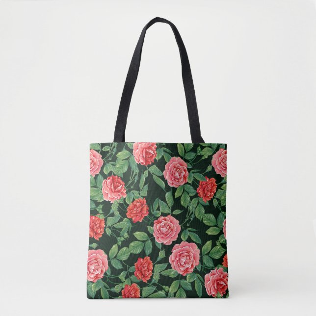Bolsa Tote Padrão Preto do Rosa vermelha Vintage (Frente)