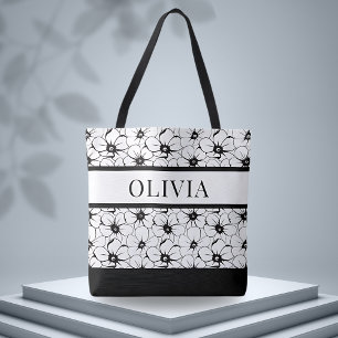 Bolsa Tote Padrão Preto e Branco Floral Personalizado