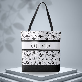 Bolsa Tote Padrão Preto e Branco Floral Personalizado