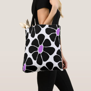 Bolsa Tote Padrão Retro de Margarida Preto e Roxo