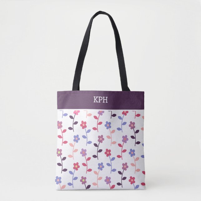 Bolsa Tote Padrão Roxo Floral com Monograma (Frente)