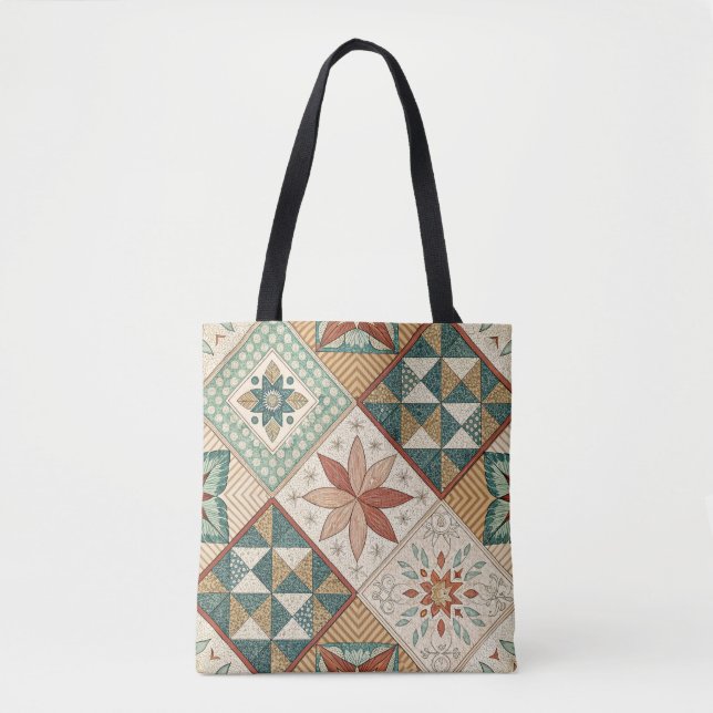 Bolsa Tote Padrão Rustic Diamond Patchwork - Geométrico (Frente)