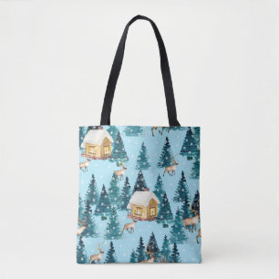 Bolsa Tote Padrão sem costura com a vila de inverno na flore
