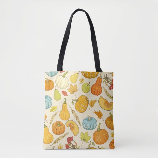Bolsa Tote Padrão sem costura com abóboras, folhas de outono, (Frente)