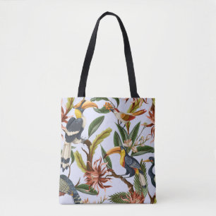 Bolsa Tote Padrão sem costura com aves e folhas tropicais e