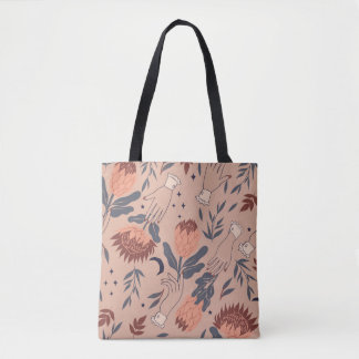 Bolsa Tote Padrão sem costura com aves, flores de proteína e 