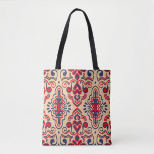 Bolsa Tote Padrão sem costura com bordado. Tecido Ikat. Eth