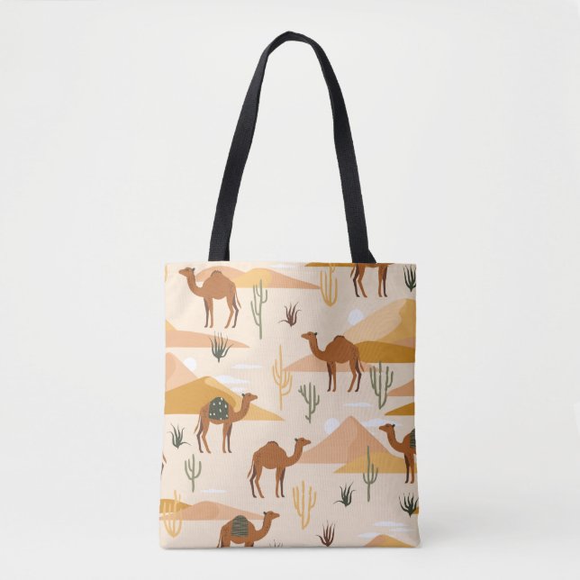 Bolsa Tote Padrão sem costura com camelos, dunas e cactos. Co (Frente)