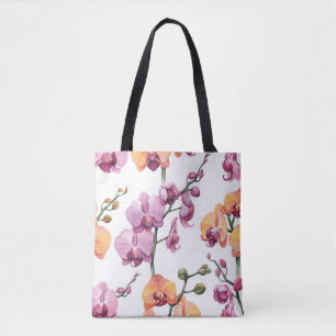 Bolsa Tote Padrão sem costura com flores de orquídea aquare