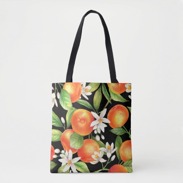 Bolsa Tote Padrão sem costura com frutas de laranja, flores e (Frente)